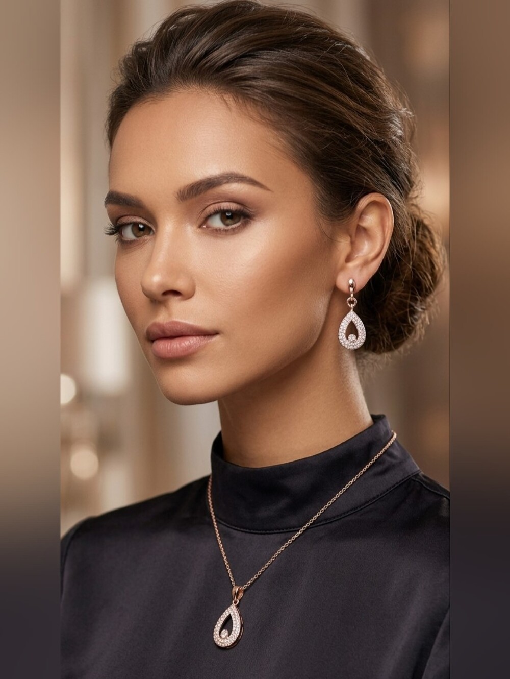 Beautiful Rose Gold Crystal Earrings and Necklace Set 18" chain NWOT